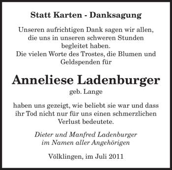 Todesanzeige von Anneliese Ladenburger von SAARBRÜCKER ZEITUNG