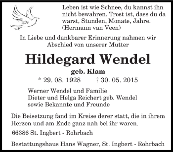 Todesanzeige von Hildegard Wendel von saarbruecker_zeitung