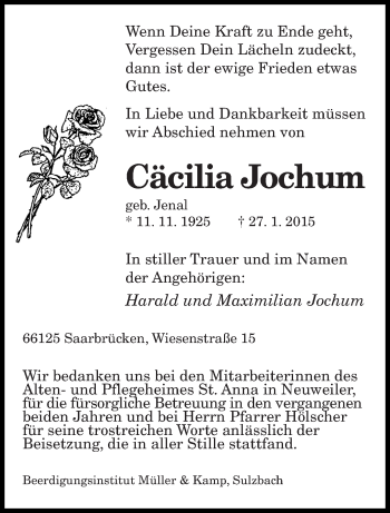 Todesanzeige von Cäcilia Jochum von saarbruecker_zeitung
