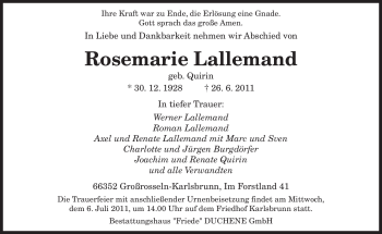 Todesanzeige von Rosemarie Lallemand von SAARBRÜCKER ZEITUNG