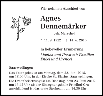Todesanzeige von Agnes Dennemärker von saarbruecker_zeitung