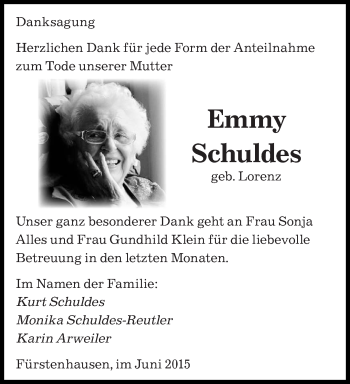 Todesanzeige von Emmy Schuldes von saarbruecker_zeitung