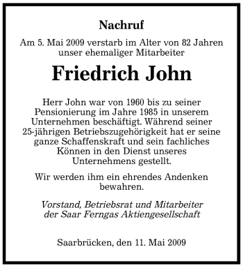 Todesanzeige von Friedrich John von SAARBRÜCKER ZEITUNG