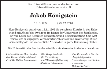 Todesanzeige von Jakob Königstein von SAARBRÜCKER ZEITUNG