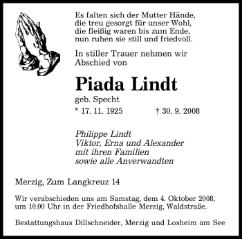 Todesanzeige von Piada Lindt von SAARBRÜCKER ZEITUNG