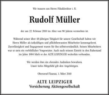 Todesanzeige von Rudolf Müller von SAARBRÜCKER ZEITUNG