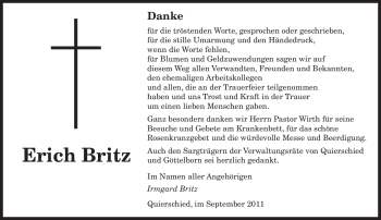 Todesanzeige von Erich Britz von SAARBRÜCKER ZEITUNG