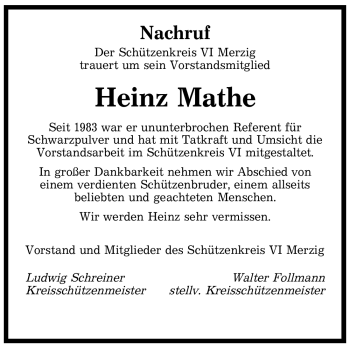 Todesanzeige von Heinz Mathe von SAARBRÜCKER ZEITUNG