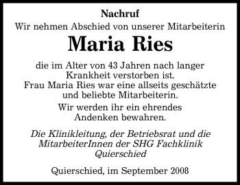 Todesanzeige von Maria Ries von SAARBRÜCKER ZEITUNG