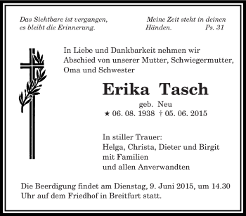 Todesanzeige von Erika Tasch von saarbruecker_zeitung