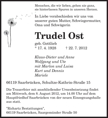 Todesanzeige von Trudel Ost von SAARBRÜCKER ZEITUNG