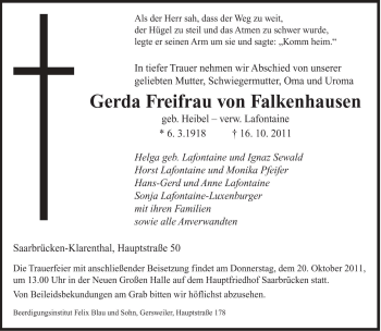 Todesanzeige von Gerda Falkenhausen von SAARBRÜCKER ZEITUNG