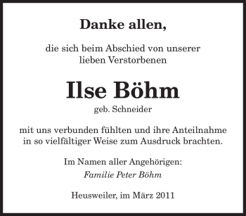 Todesanzeige von Ilse Böhm von SAARBRÜCKER ZEITUNG