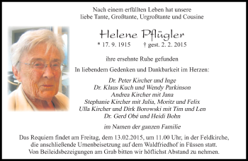 Todesanzeige von Helene Pflügler von saarbruecker_zeitung
