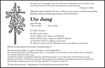 Todesanzeige von Ute Jung von SAARBRÜCKER ZEITUNG