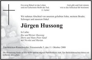 Todesanzeige von Jürgen Hussong von SAARBRÜCKER ZEITUNG