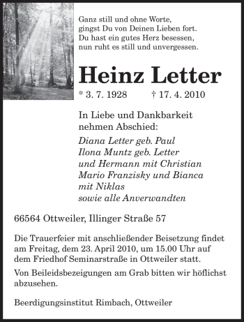 Todesanzeige von Heinz Letter von SAARBRÜCKER ZEITUNG
