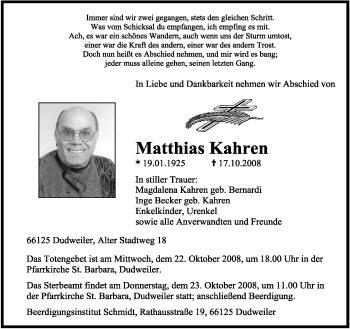 Todesanzeige von Matthias Kahren von SAARBRÜCKER ZEITUNG