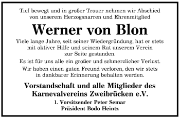 Todesanzeige von Werner von Blon von SAARBRÜCKER ZEITUNG