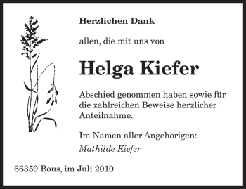 Todesanzeige von Helga Kiefer von SAARBRÜCKER ZEITUNG
