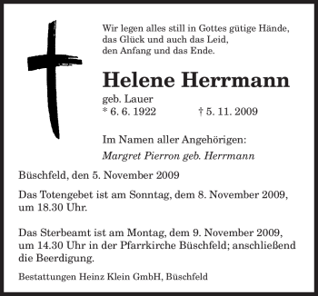 Todesanzeige von Helene Herrmann von SAARBRÜCKER ZEITUNG