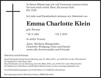 Todesanzeige von Emma Charlotte Klein von SAARBRÜCKER ZEITUNG