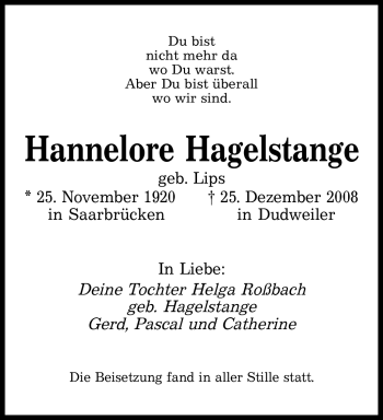 Todesanzeige von Hannelore Hagelstange von SAARBRÜCKER ZEITUNG