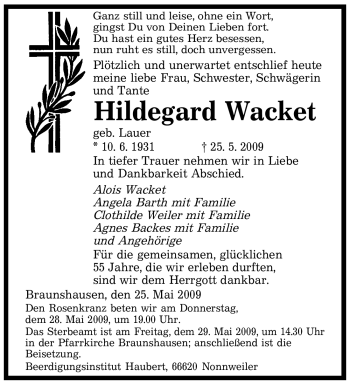 Todesanzeige von Hildegard Wacket von SAARBRÜCKER ZEITUNG