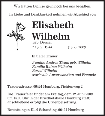 Todesanzeige von Elisabeth Wilhelm von SAARBRÜCKER ZEITUNG