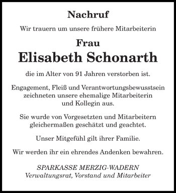 Todesanzeige von Elisabeth Schonarth von saarbruecker_zeitung