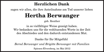 Todesanzeige von Hertha Berwanger von SAARBRÜCKER ZEITUNG