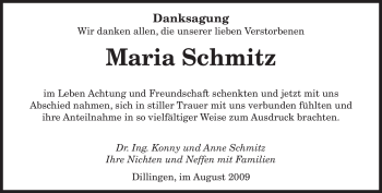 Todesanzeige von Maria Schmitz von SAARBRÜCKER ZEITUNG