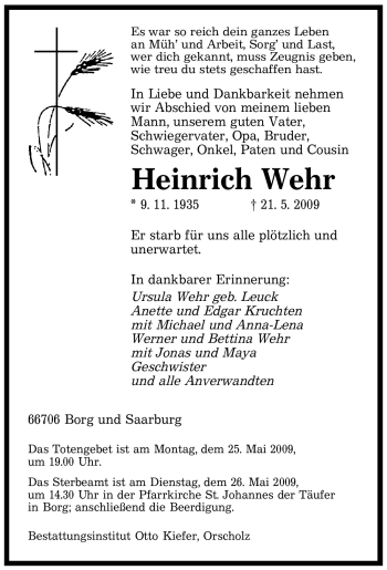 Todesanzeige von Heinrich Wehr von SAARBRÜCKER ZEITUNG