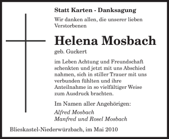 Todesanzeige von Helena Mosbach von SAARBRÜCKER ZEITUNG