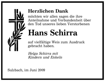 Todesanzeige von Hans Schirra von SAARBRÜCKER ZEITUNG