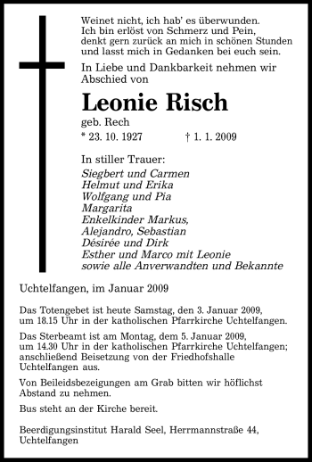 Todesanzeige von Leonie Risch von SAARBRÜCKER ZEITUNG