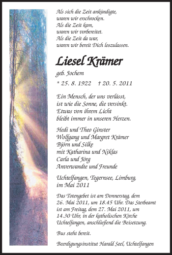 Todesanzeige von Liesel Krämer von SAARBRÜCKER ZEITUNG