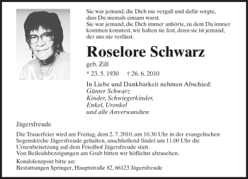 Todesanzeige von Roselore Schwarz von SAARBRÜCKER ZEITUNG