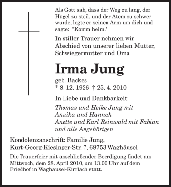 Todesanzeige von Irma Jung von SAARBRÜCKER ZEITUNG