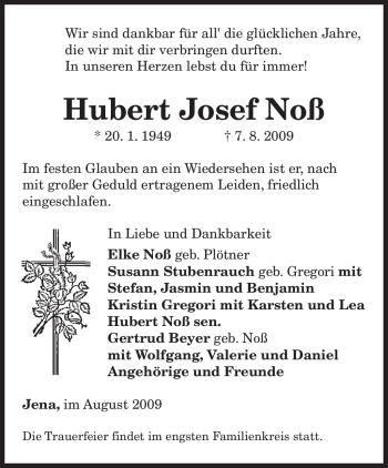 Todesanzeige von Hubert Josef Noß von SAARBRÜCKER ZEITUNG