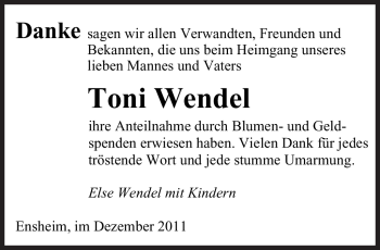 Todesanzeige von Toni Wendel von SAARBRÜCKER ZEITUNG