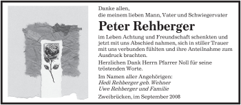 Todesanzeige von Peter Rehberger von SAARBRÜCKER ZEITUNG
