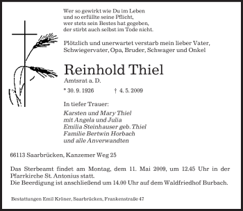 Todesanzeige von Reinhold Thiel von SAARBRÜCKER ZEITUNG