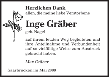 Todesanzeige von Inge Gräber von SAARBRÜCKER ZEITUNG