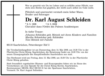 Todesanzeige von Karl August Schleiden von SAARBRÜCKER ZEITUNG