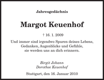 Todesanzeige von Margot Keuenhof von SAARBRÜCKER ZEITUNG