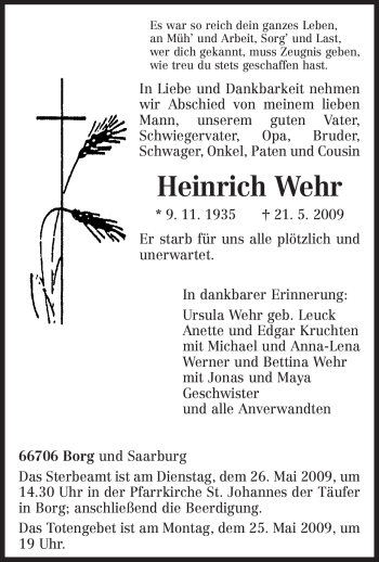 Todesanzeige von Heinrich Wehr 