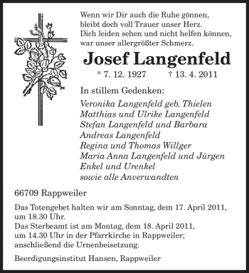 Todesanzeige von Josef Langenfeld von SAARBRÜCKER ZEITUNG