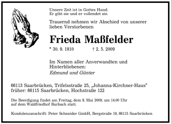Todesanzeige von Frieda Maßfelder von SAARBRÜCKER ZEITUNG
