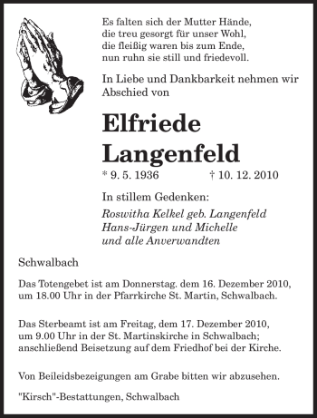 Todesanzeige von Elfriede Langenfeld von SAARBRÜCKER ZEITUNG